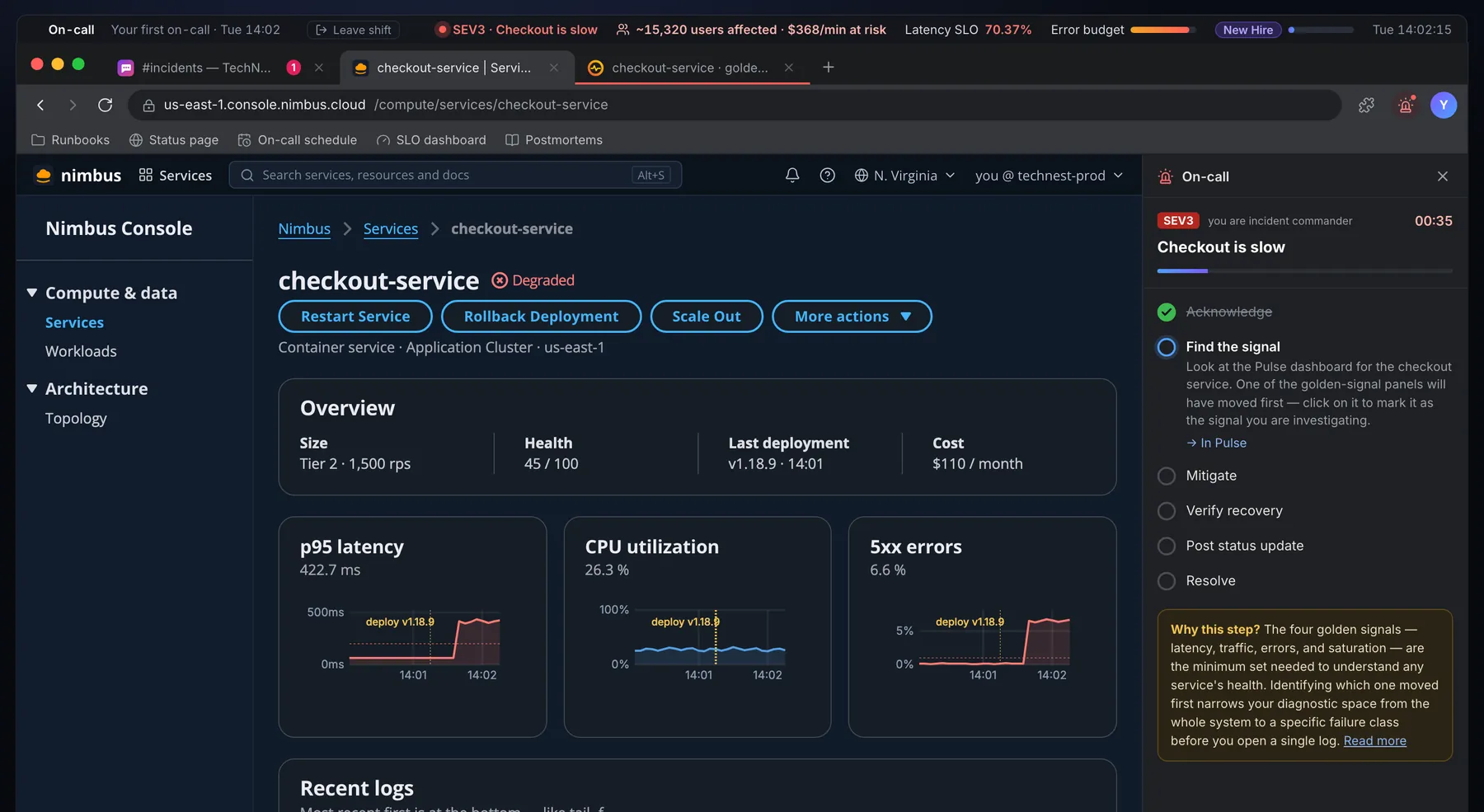 uptime99 Nimbus Console: checkout-service marked Degraded, with Restart, Rollback Deployment and Scale Out actions and crash logs